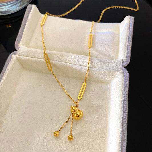 Vintage Titanium Steel Gourd Pendant Necklace High Color Retention Plated Chain for Women and Men