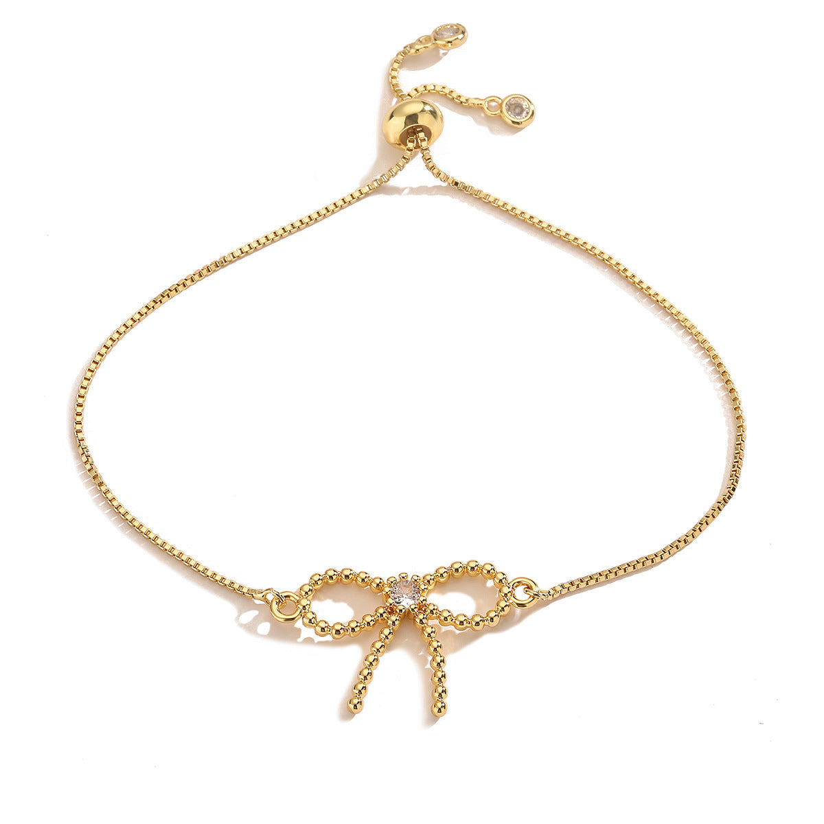 Sweet Style Bowknot-Shaped Hand Chain for Women Made of Brass with Real Gold Plating and Micro-Paved Zirconia