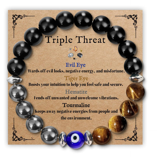 8mm Tiger's Eye and Obsidian Evil Eye Beaded Stretch Bracelet Geometric Unisex Fashion Jewelry