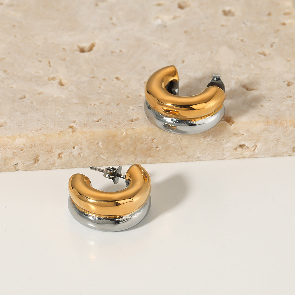 Orecchini a cerchio geometrici minimalisti a forma di C in acciaio inossidabile placcati oro e argento da donna