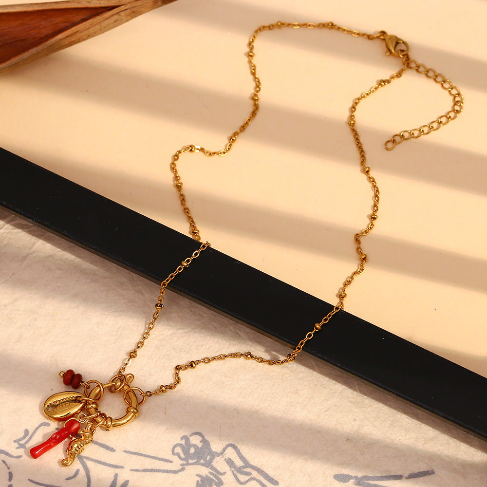 Fashionable Lip-Shaped Pendant Necklace in Stainless Steel with 18K Gold Plating, Enamel Red Finish, Sea Horse Accent, Geometric Design for Women