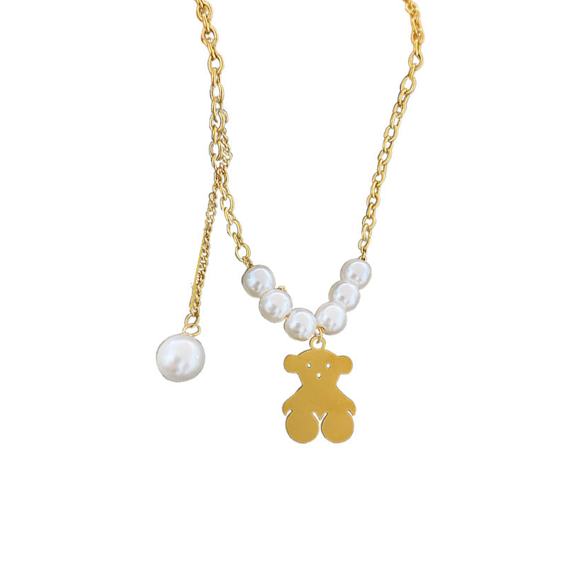 Hip-hop Gold Plated Titanium Steel Bear Pearl Necklace