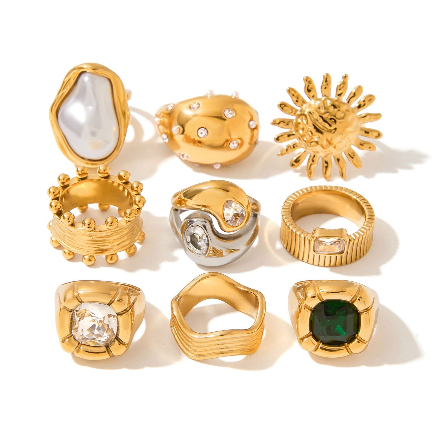 Elegante Anillo Geométrico de Acero Inoxidable con Incrustaciones de Perlas Chapadas para Mujer