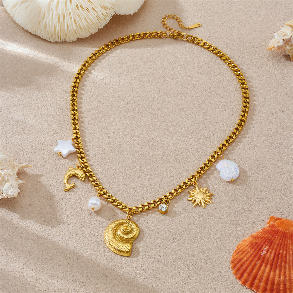 Minimalist Gold Plated Stainless Steel Animal Pendant Necklace with Conch and Dolphin Design for Women