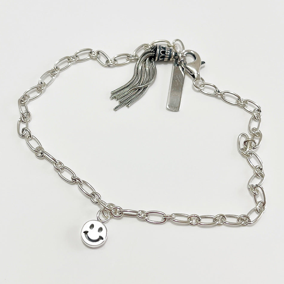 Pulsera Borla con Cara Sonriente Minimalista Vintage de Plata Esterlina 925 para Mujer