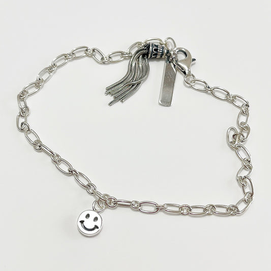 Vintage Minimalist 925 Sterling Silver Smiley Tassel Bracelet for Women