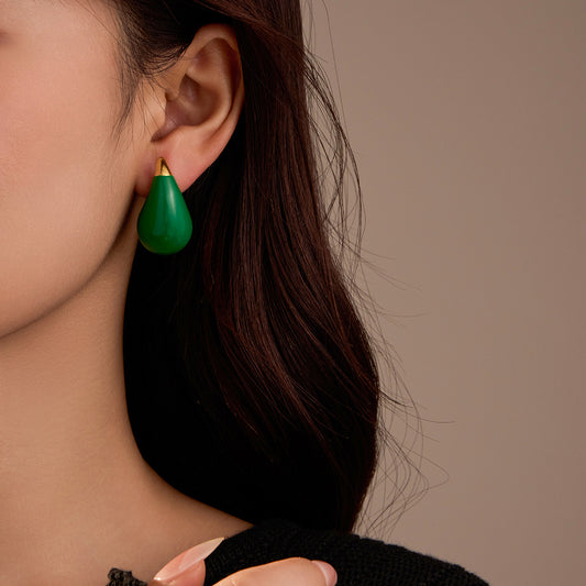 Orecchini Pendenti Minimalisti a Goccia in Acciaio al Titanio con Finitura Smaltata Verde, Superficie Lucida, Alla Moda e Versatili per Donna