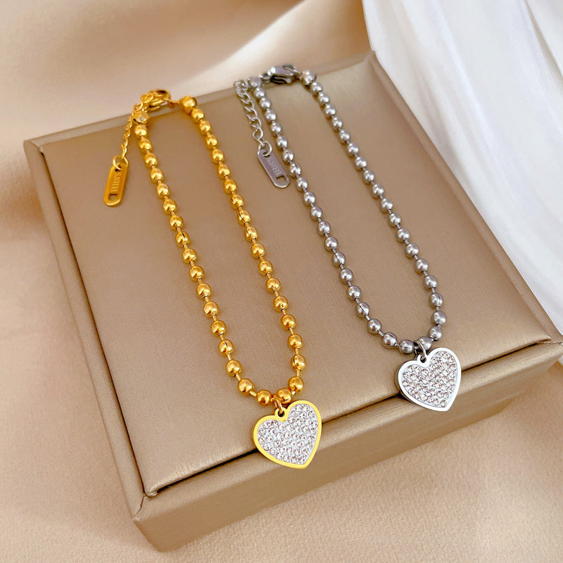 Minimalist Titanium Steel Heart Pendant Bracelet for Women with Rhinestone Inlay, Dainty Chain Jewelry for Lucky Charm or Friendship Gift