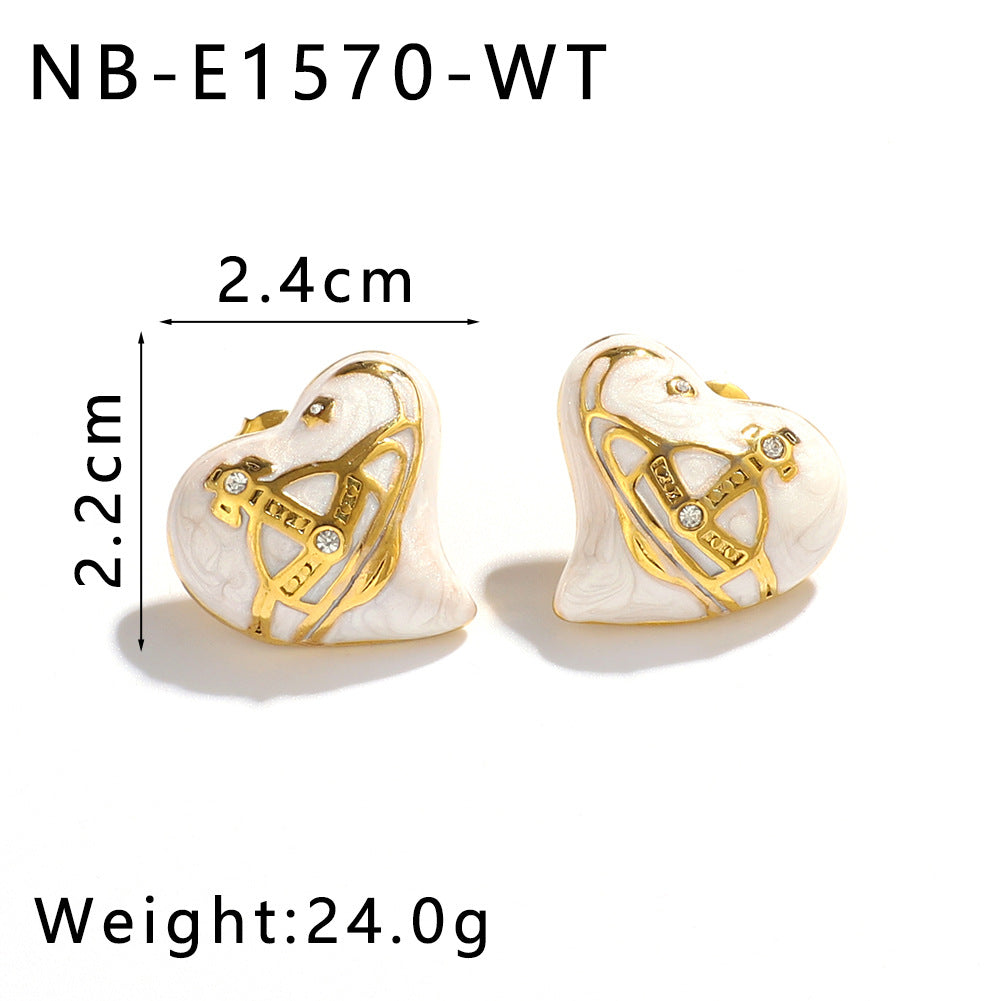 Minimalist Heart-Shaped Stainless Steel Stud Earrings with 18K Gold Plating and Rhinestone Inlay for Women
