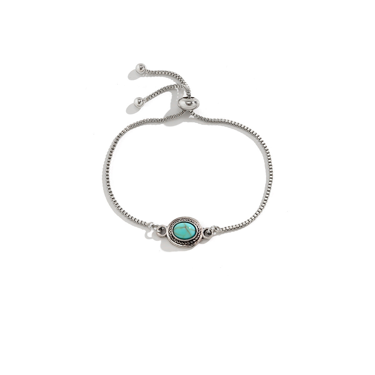Ethnic Vintage Geometric Alloy Bracelet with Turquoise Pendant and Rhinestone Inlay on Adjustable Box Chain