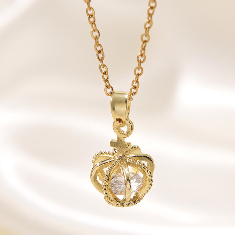Gold Plated Stainless Steel Crown Necklace with Rhinestone for Women
