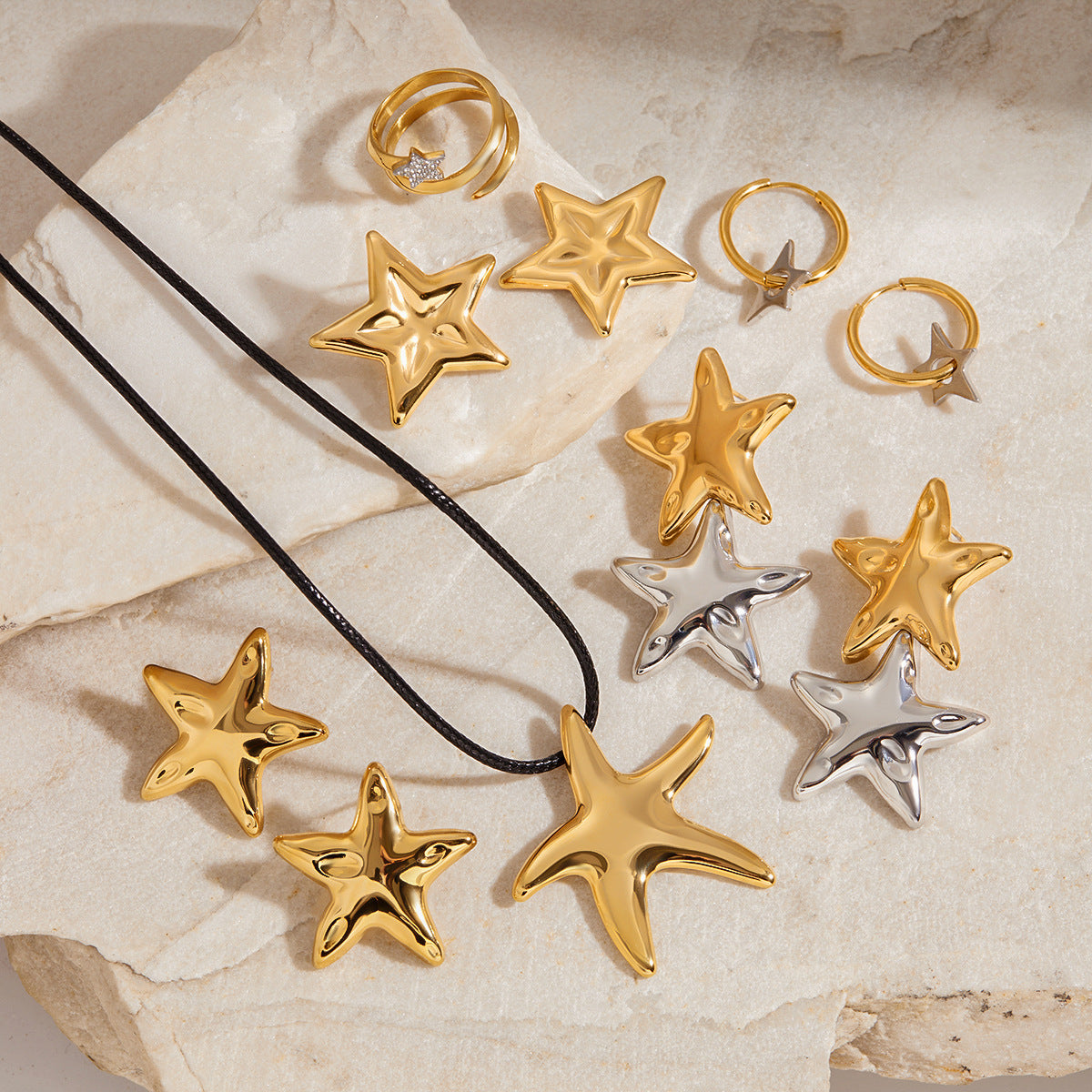 Minimalist Elegant Star Stainless Steel Titanium Steel Plated Necklace Earring Ring Set for Women