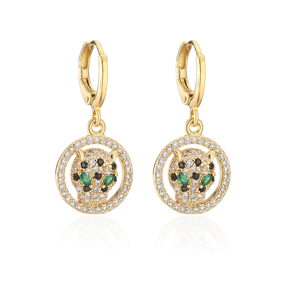 Fashionable Leopard-Shaped Geometric Earrings for Women with Copper Base Plated in Real Gold and Zircon Inlay