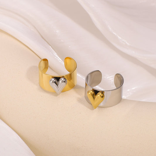INS Style Geometric Open Heart Ring in Stainless Steel with Gold and Silver Plating for Women