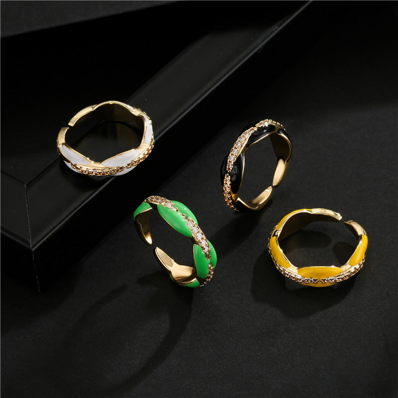 Elegant 18K Gold Plated Geometric Brass Ring with Colorful Drip Oil and Micro-inlaid Cubic Zirconia
