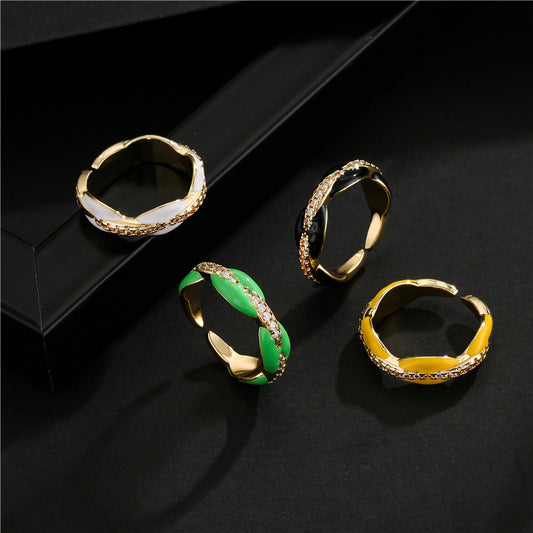 Elegant 18K Gold Plated Geometric Brass Ring with Colorful Drip Oil and Micro-inlaid Cubic Zirconia