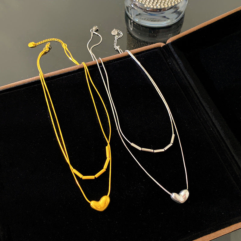 Minimalist Gold Plated Titanium Steel Heart Geometric Layered Necklace for Unisex