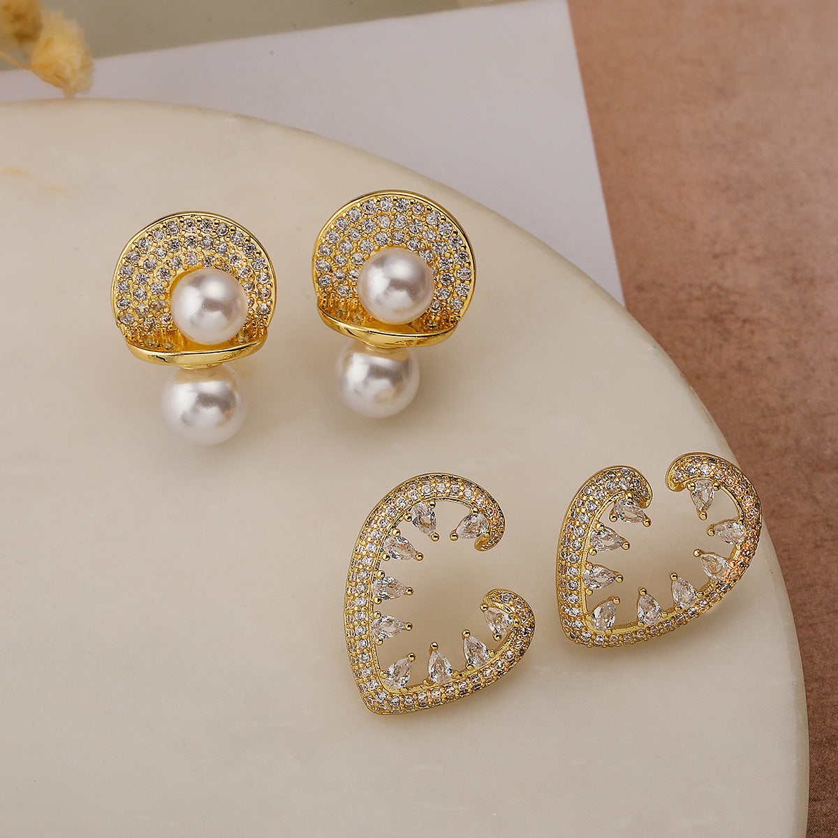 Minimalist Geometric Zircon and Pearl Stud Earrings for Women with Gold-Plated Copper Base and Irregular Design