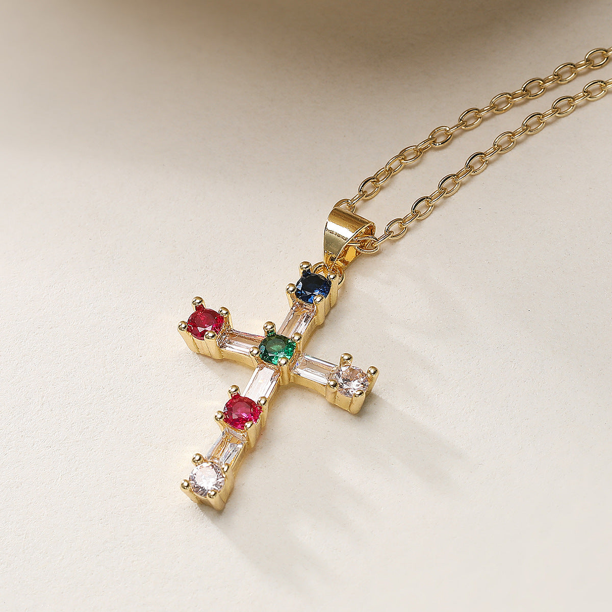 Minimalist Elegant 18K Gold Plated Brass Cubic Zirconia Cross Pendant Necklace for Women
