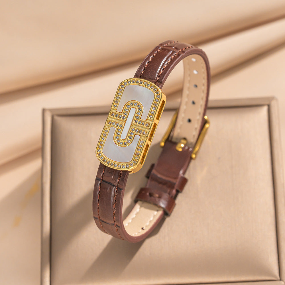 Minimalist Geometric Stainless Steel Buckle Genuine Leather Bracelet for Men and Women with Bamboo Grain Texture