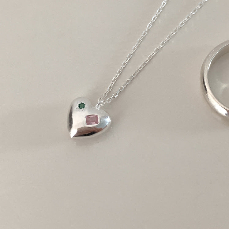 Minimalist Heart-Shaped 925 Sterling Silver Rhinestone Necklace with Rainbow Accents on Snake Chain