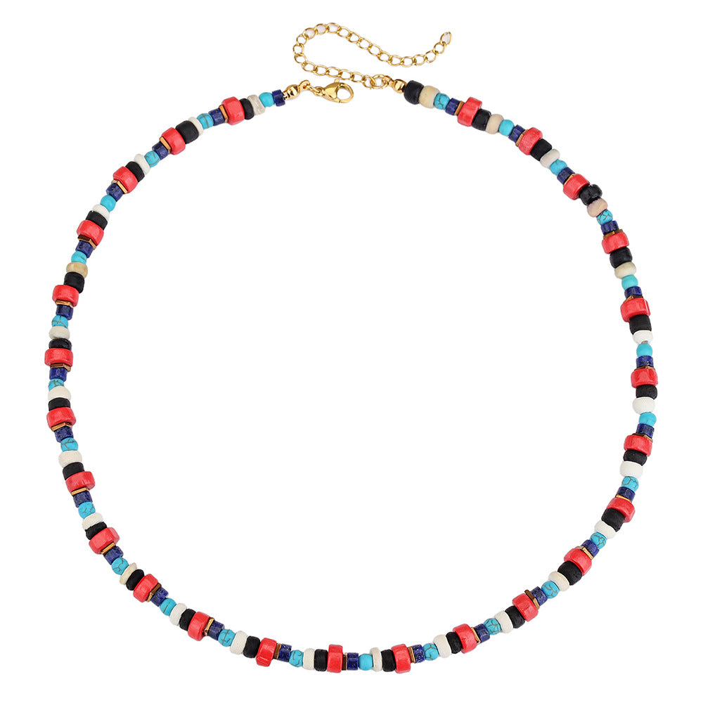 Handmade Geometric Wood and Turquoise Beaded Necklace with Cable Chain for Unisex Summer Beach Wear