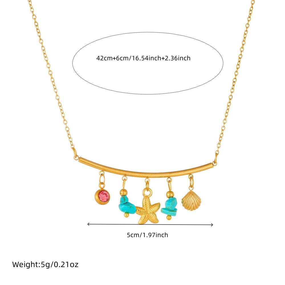Bohemian Gold Plated Stainless Steel Round Star Necklace with Blue Crushed Stone and Rhinestone for Women