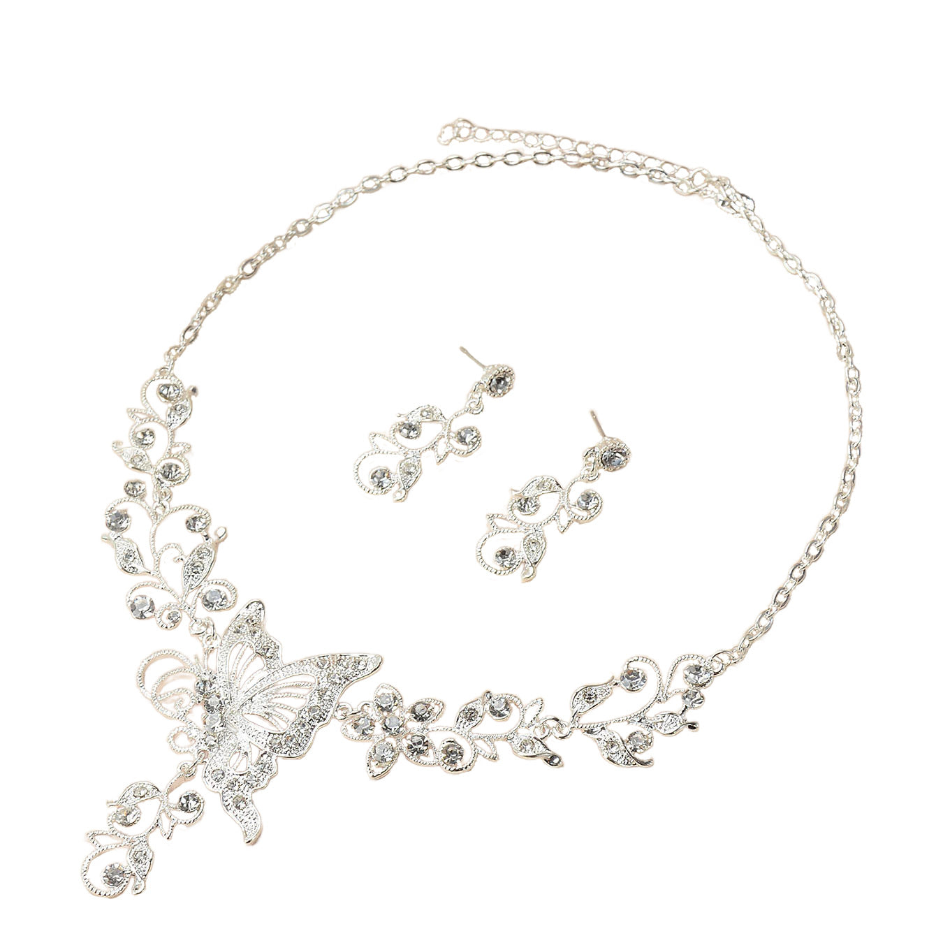 Sweet Rhinestone Butterfly Alloy Plated Necklace and Earring Set for Women Wedding Bridal Jewelry