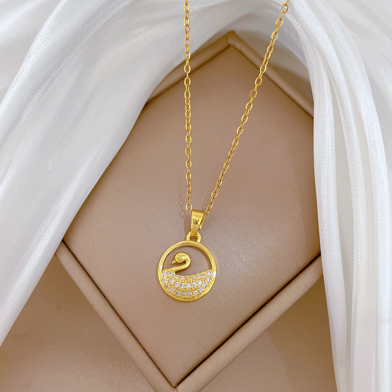 Sweet Minimalist Round Swan Rhinestone Inlay Titanium Steel Necklace for Unisex