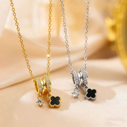 Collana con Pendente a Quadrifoglio di Lusso da Donna in Acciaio al Titanio con Rame Placcato Oro e Zirconi Cubici, Collana a Catena O