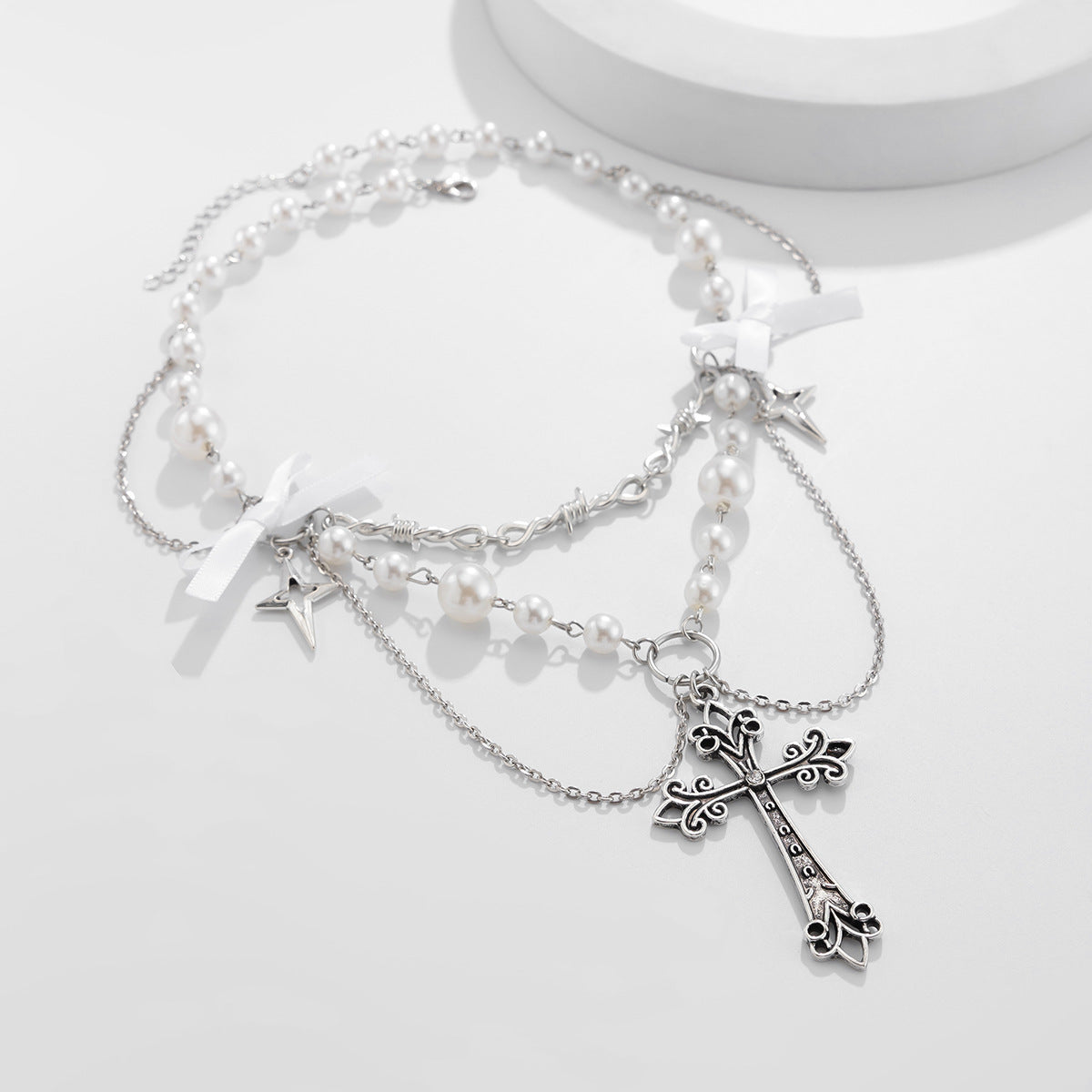 Sweet Cross and Bow Knot Zinc Alloy Necklace with Imitation Pearl Plated Pendant for Women