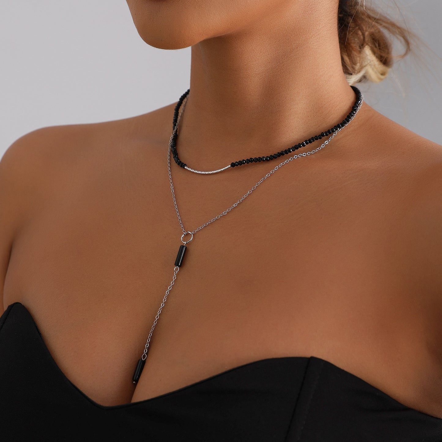 Streetwear Geometric Crystal Cylinder Y-Shape Tassel Alloy Necklace