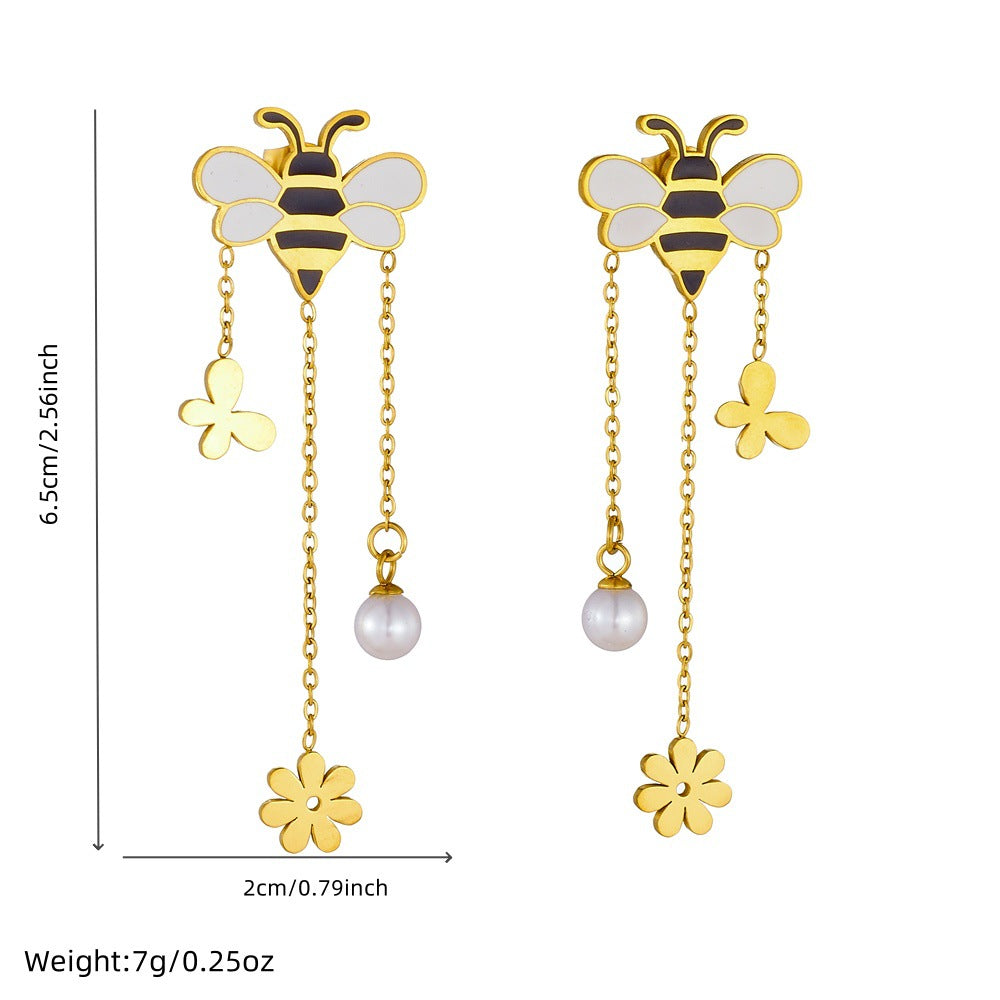 Sweet Cartoon Drip Oil Stainless Steel Butterfly Bee Flower Tassel Jewelry Set for Women