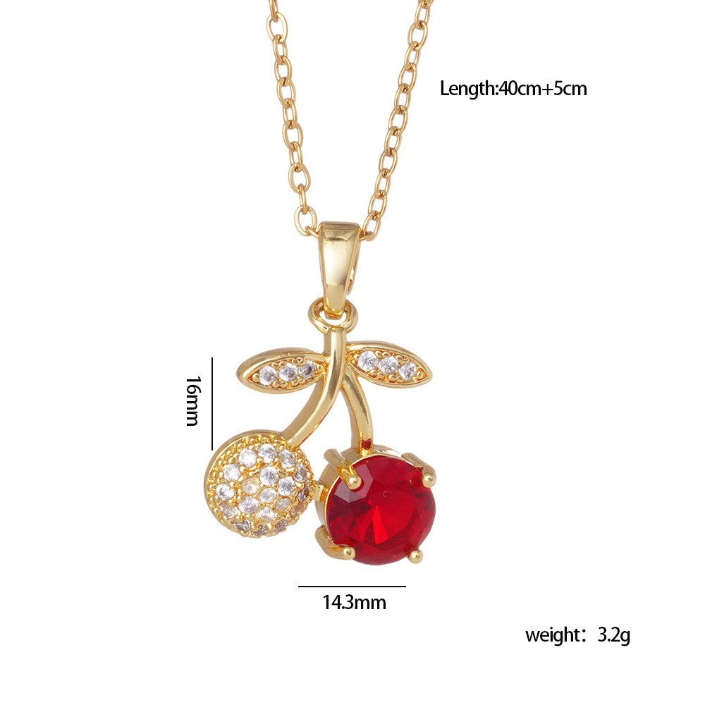 Cherry-Shaped Pendant Necklace Set for Women in Titanium Steel with Rhinestone Inlay and Polished Finish