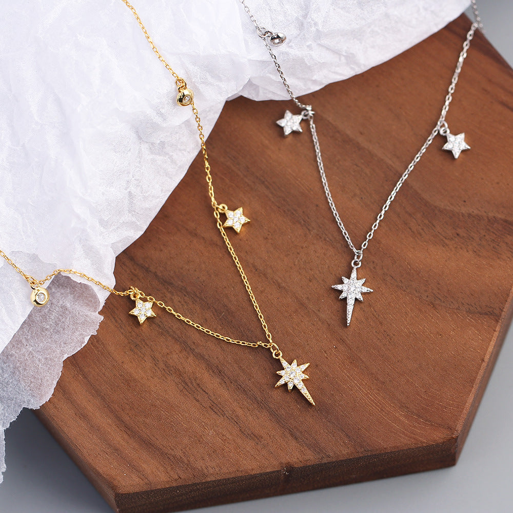 Collar con colgante minimalista de plata de ley S925 en forma de estrella con incrustaciones de diamantes de imitación para mujer