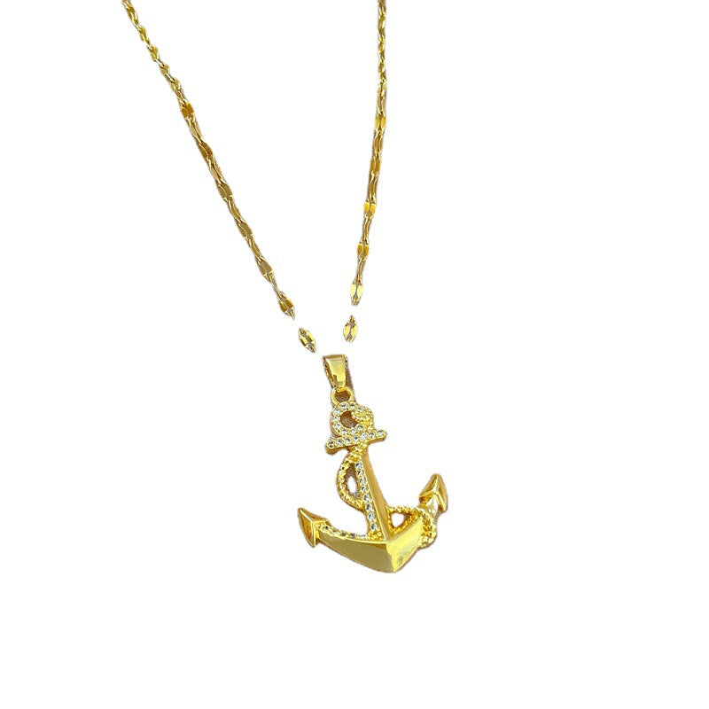Luxury Fresh and Sweet Anchor Pendant Collar Chain in Titanium Steel with Rhinestone Inlay
