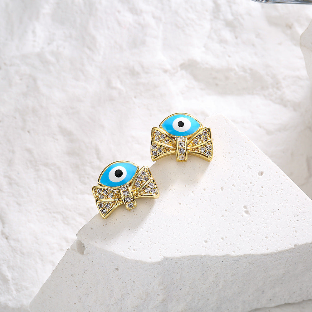 Geometric Eye-Shaped Enamel Zirconia Earrings for Women in Copper with 18K Gold Plating