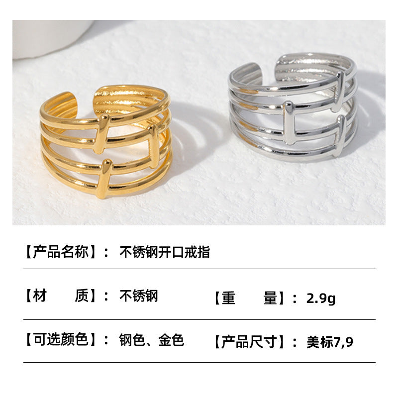 Minimalist Geometric Striped Plated Stainless Steel Ring for Women