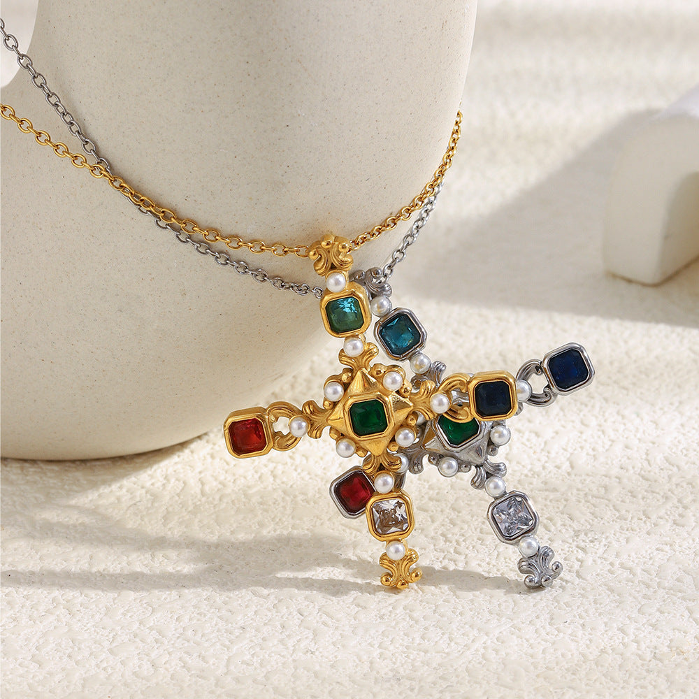 Collana Pendente Croce Vintage di Lusso da Donna in Acciaio Inossidabile con Placcatura in Oro 18K Forma Geometrica Perla Simulato e Intarsio Zircone