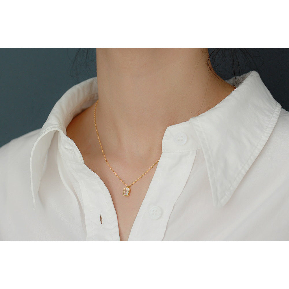 Minimalist Vintage 925 Sterling Silver Rectangle Geometric Cubic Zirconia Necklace