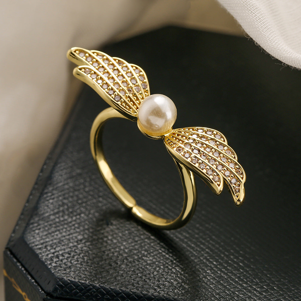 Geometric Wing-Shaped Copper Ring with Real Gold Plating and Zircon Inlay for Women
