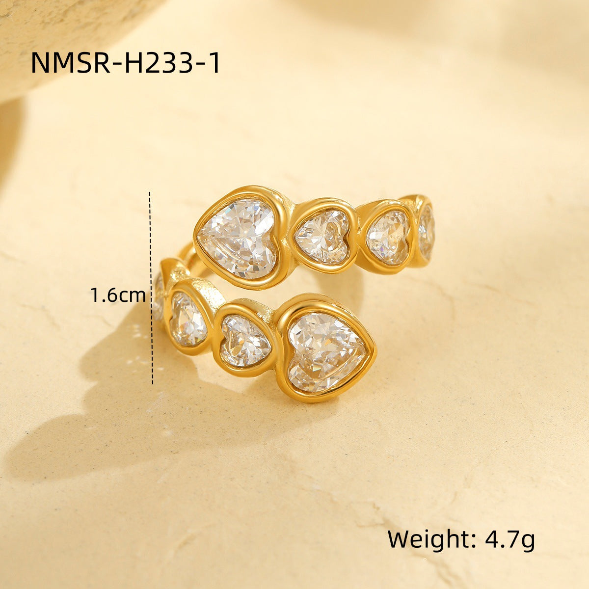 Anillo minimalista de lujo de acero de titanio con circonita, gota y banda abierta en forma de corazón para mujer