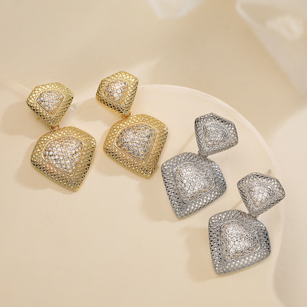 Minimalist Irregular Geometric Copper Earrings with 18K Gold Plating and Zircon Inlay for Women