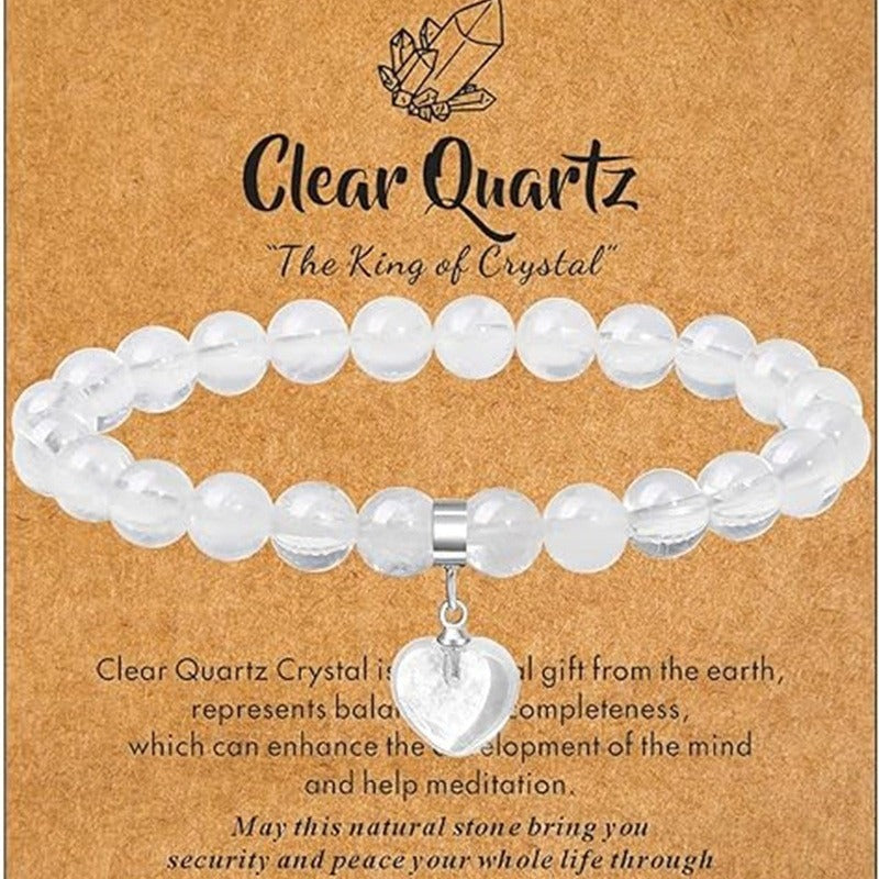 Minimalist Natural Stone Beaded Bracelet with Heart Pendant Unisex Elastic Stretch Bangle