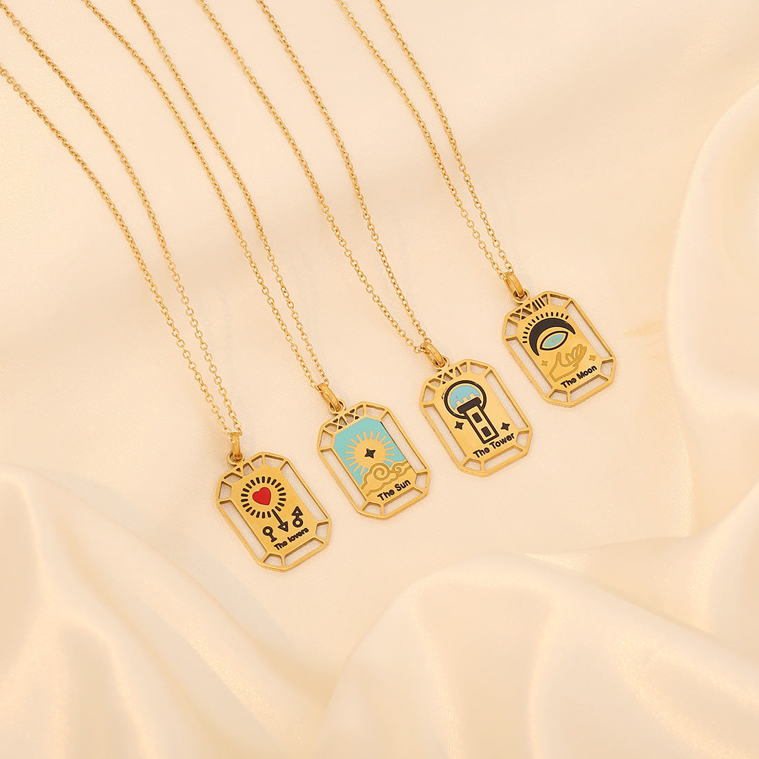 Personalized Tarot Pendant Necklace in Geometric Square Shape with Stainless Steel Construction and Electroplated Finish for Women