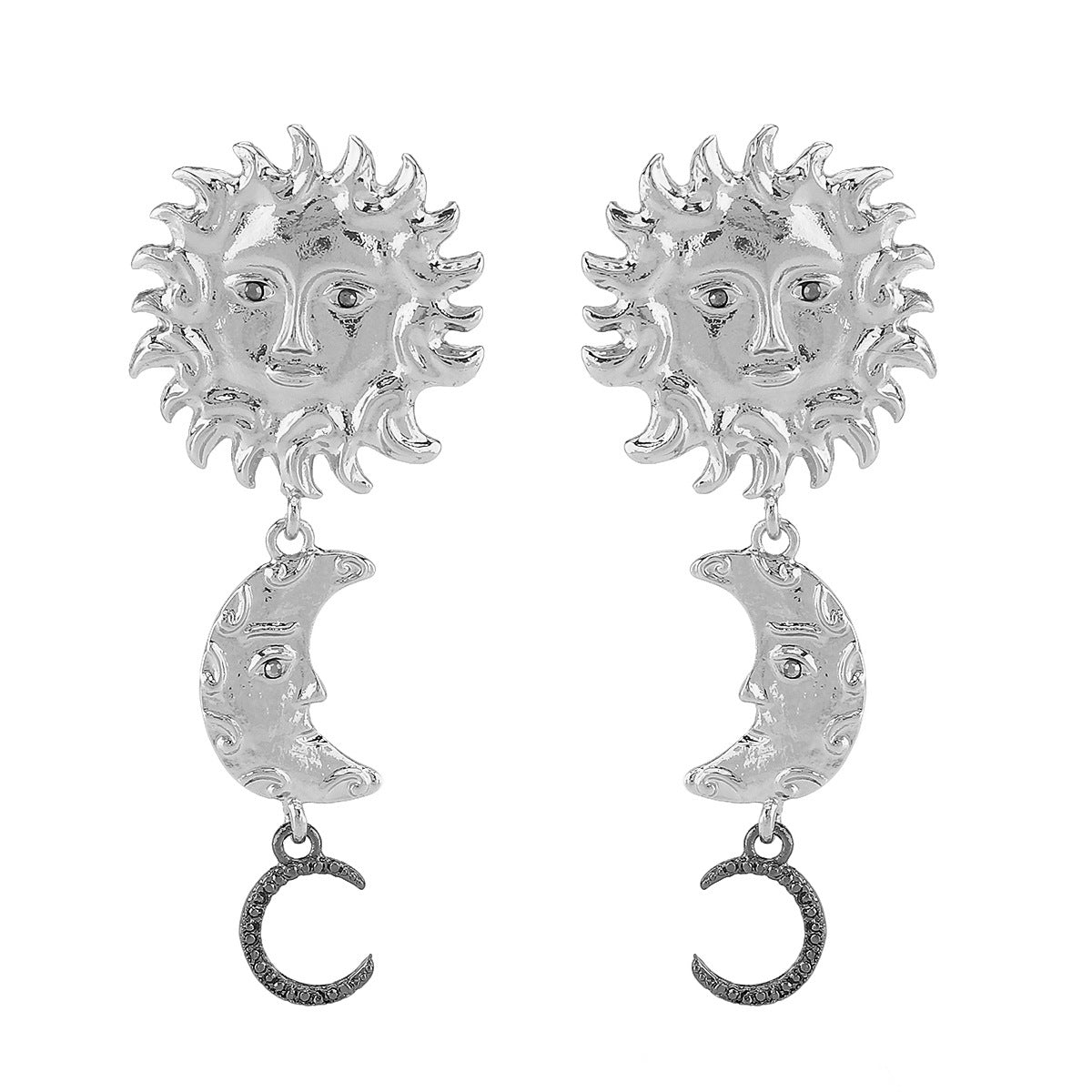 Orecchini Pendenti con Nappa a Volto di Sole e Luna Geometrico Vintage con Intarsio di Strass e Lega Elettroplaccata