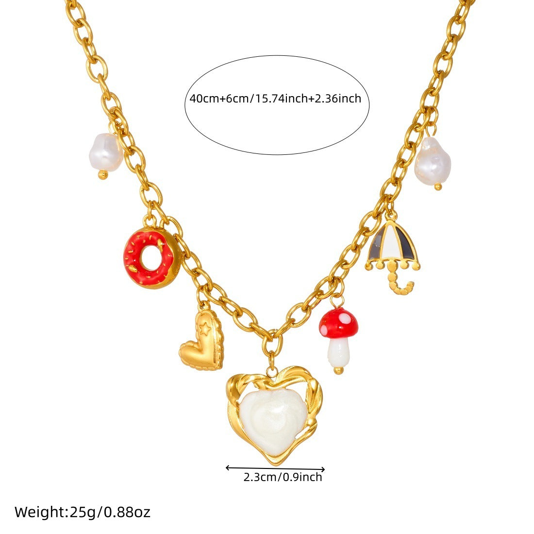 Chic Cartoon Drip Oil Plated Stainless Steel Heart Mushroom Donut Umbrella Necklace with Cable Chain