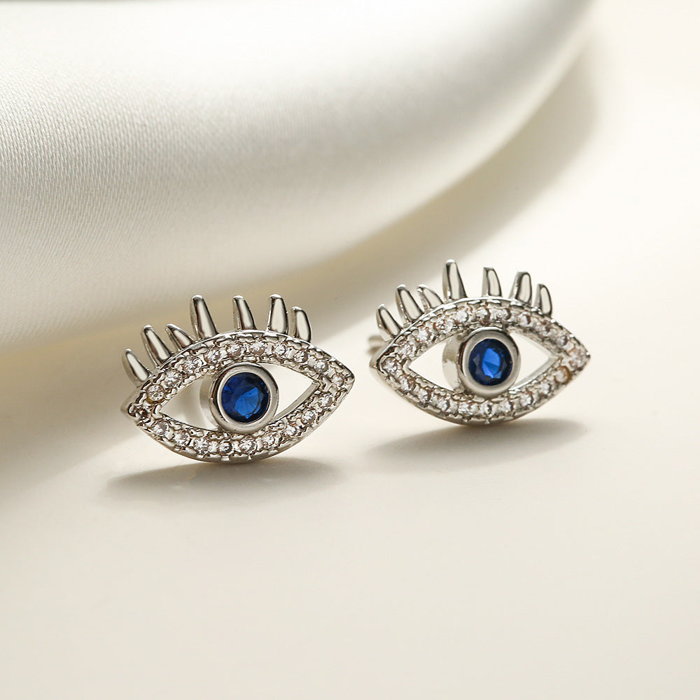 Vintage-Style Geometric Evil Eye Stud Earrings for Women with Copper Base and Real Gold Plating Featuring Micro-Pave Zirconia