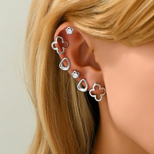 Sweet Fresh Clover-Shaped Stud Earrings for Women with Zircon Inlay on Copper Base and Stainless Steel Posts