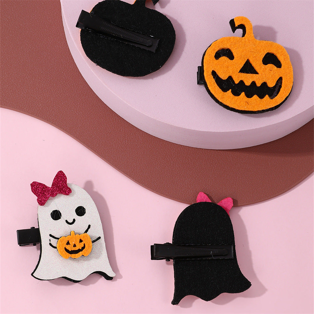 Halloween Ghost and Pumpkin Shaped Metal Hair Clips for Kids with Geometric Design, Two-Pair Set